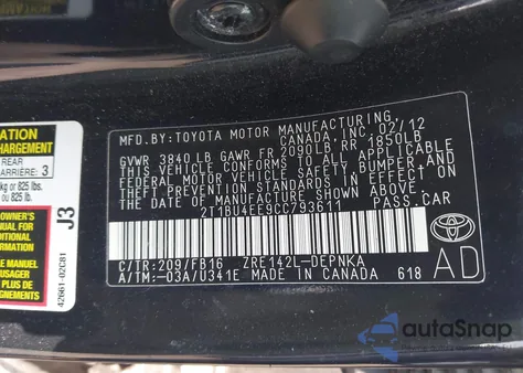 2012 Toyota Corolla Le z USA, uszkodzony, nr VIN 2T1BU4EE9CC793611